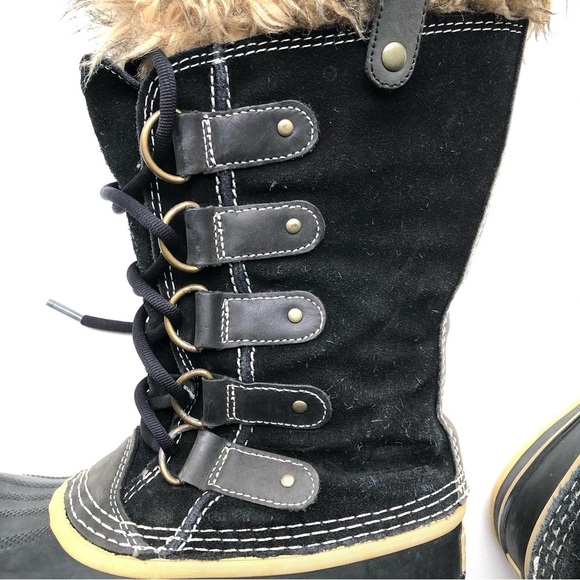 Sorel Joan of Arctic Black Suede Winter Boots Faux Fur Trim Tall Lace Up Boot - Picture 10 of 11
